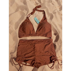 Women’s XL High Waisted 2 pc hotshot halter top Swimsuit Brown 20721 Vacation